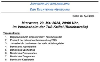 Einladung zur Jahreshauptversammlung am 29.05 im Vereinsheim